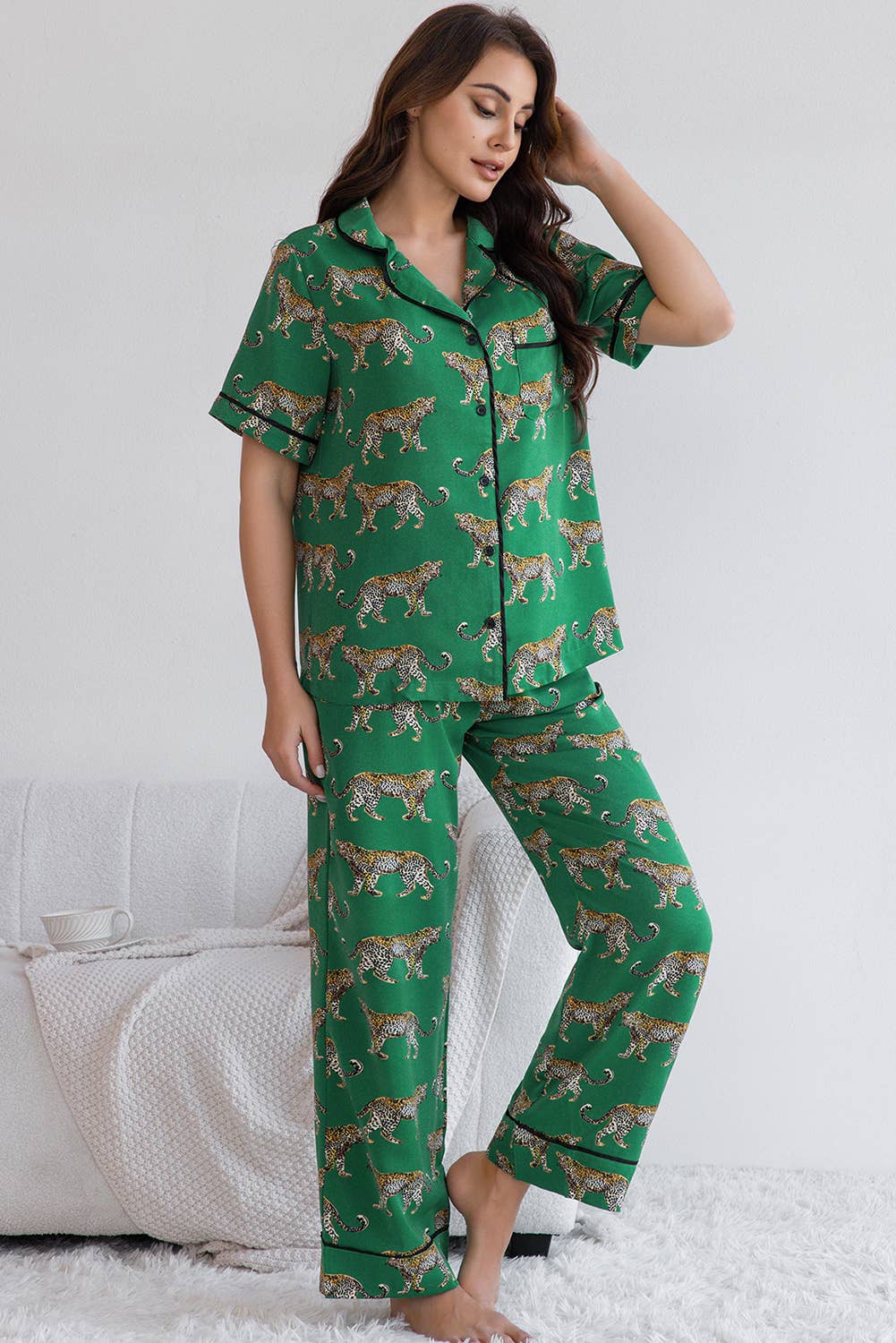Cheetah Print Short Sleeve Shirt and Pants Pajama Set