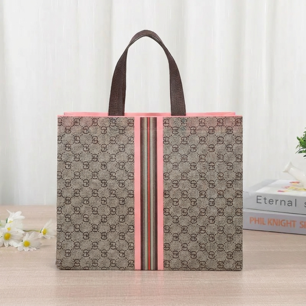 50pcs, 4 Sizes Luxury Grid Pink Stripes Non-woven Gift Bag