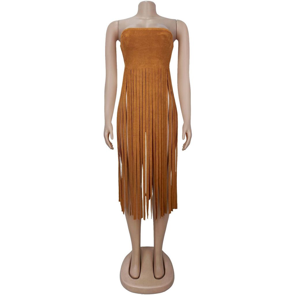 Strapless bohemia sexy faux suede bandeau fringed maxi top