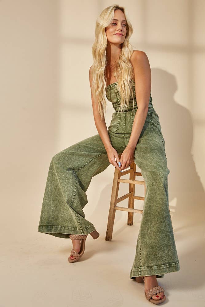 MINERAL WASH WIDE LEG DENIM JUMPSUIT 4406RIB OLIVE