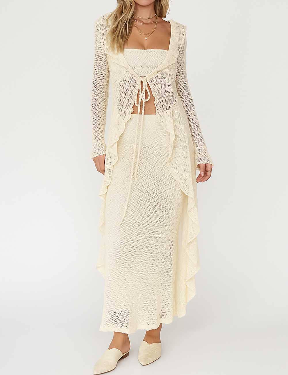 Women Lux Sparkle Lace Ruffle Tie Front Sheer Duster Cardigan