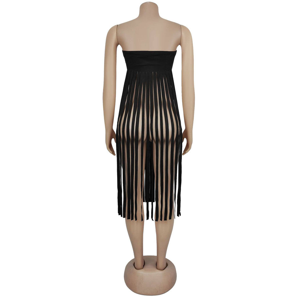 Strapless bohemia sexy faux suede bandeau fringed maxi top