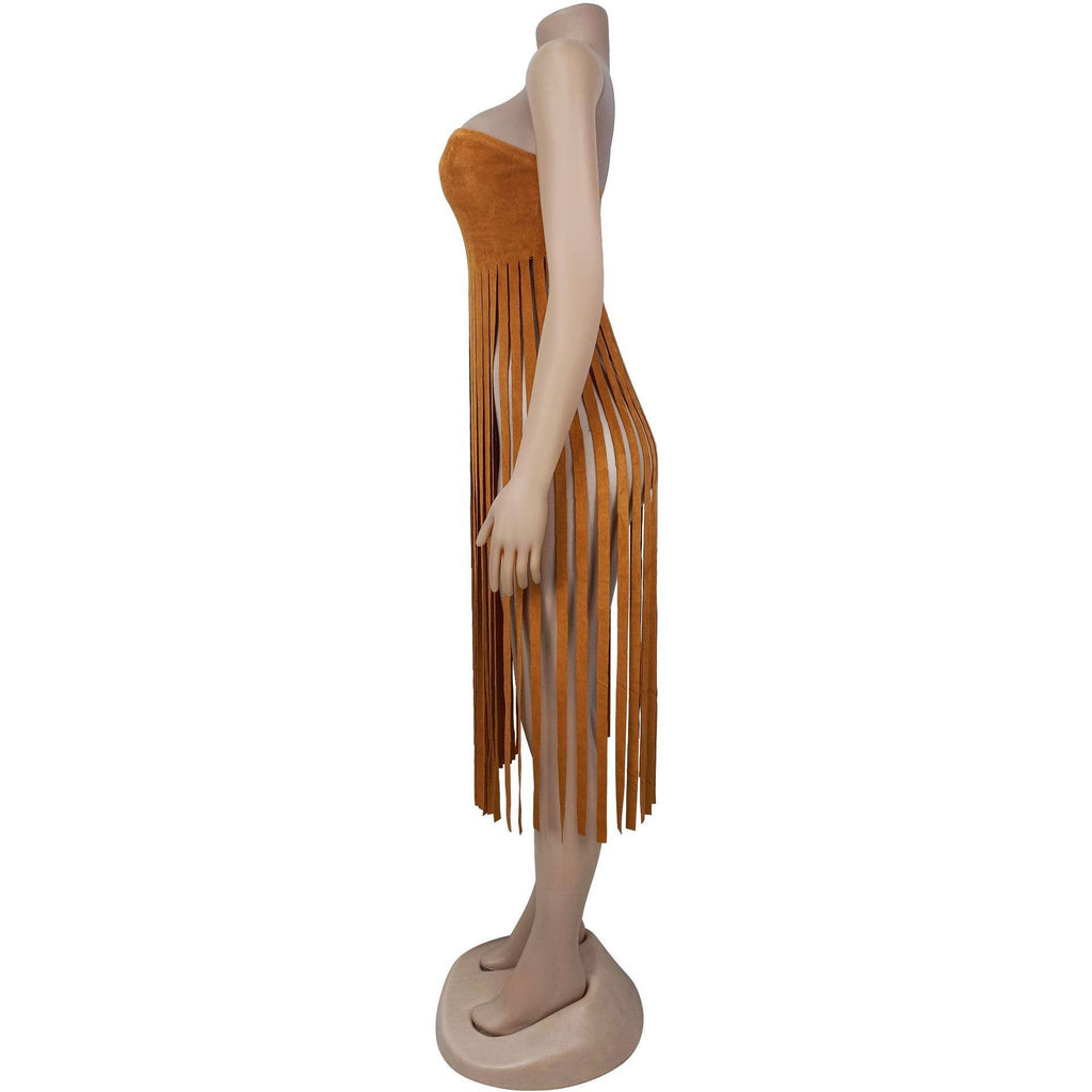 Strapless bohemia sexy faux suede bandeau fringed maxi top