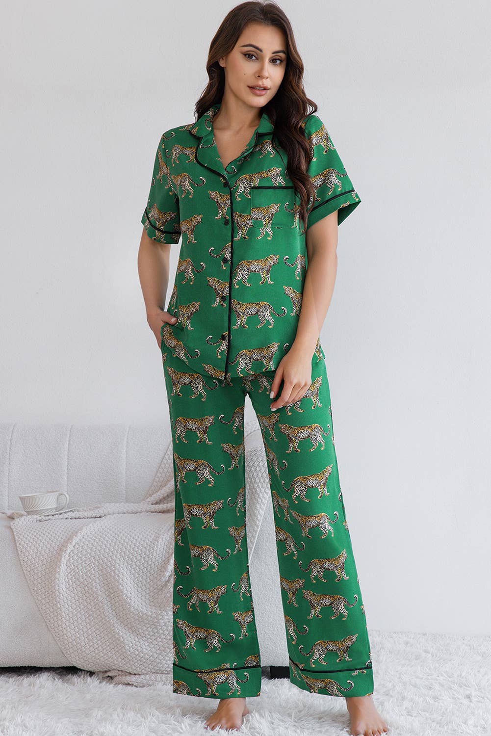 Cheetah Print Short Sleeve Shirt and Pants Pajama Set