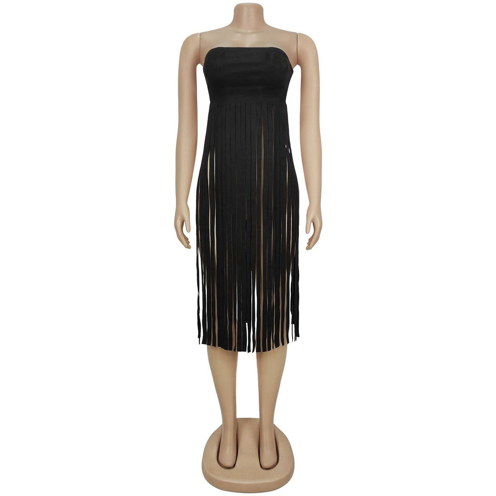 Strapless bohemia sexy faux suede bandeau fringed maxi top