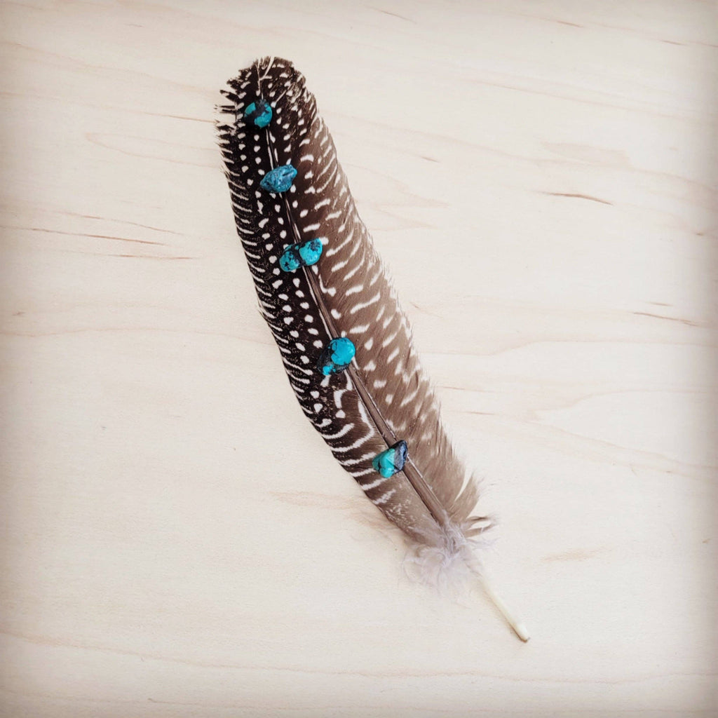 Spotted Turkey Feather Hat Accent w/ Turquoise Stones 954v