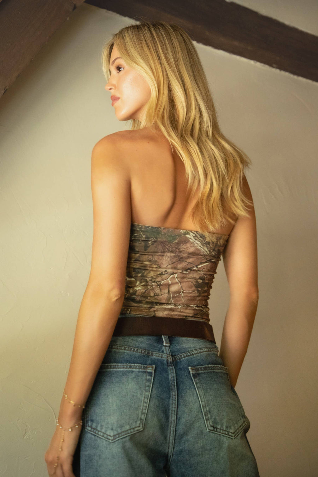 DELTA Camo Print Stretch Strapless Longline Bandeau Top