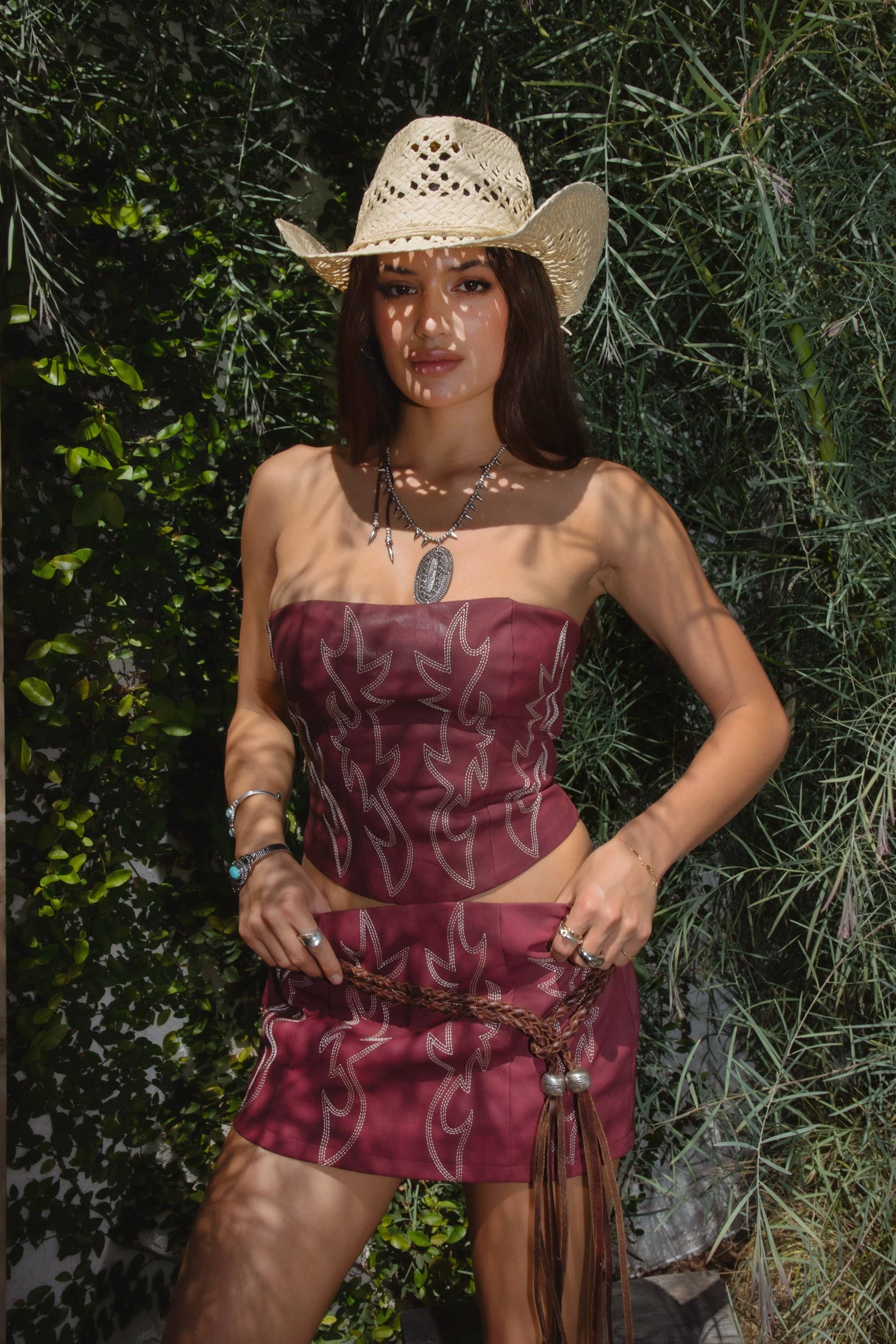 BECKEE  Vegan Leather Embroidered Western Corset Top