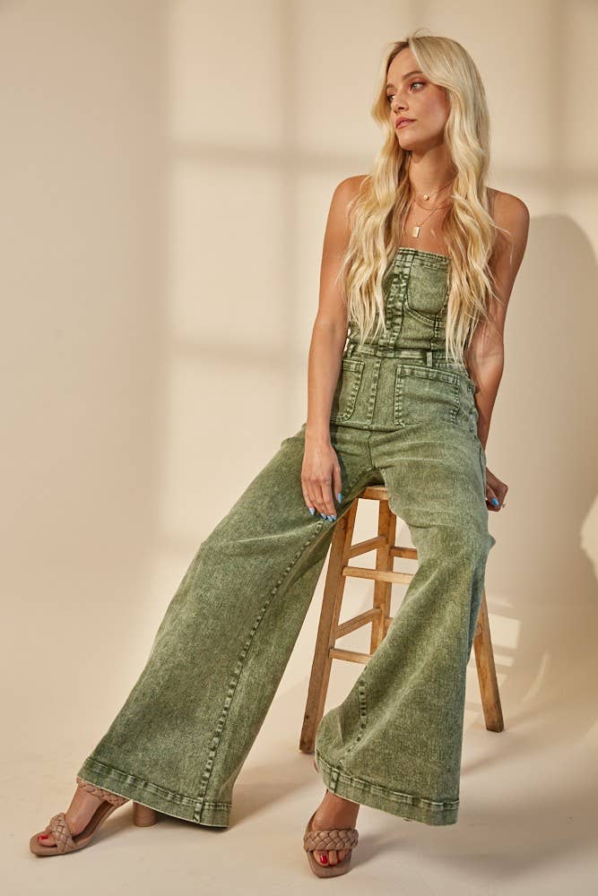 MINERAL WASH WIDE LEG DENIM JUMPSUIT 4406RIB OLIVE