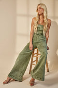 MINERAL WASH WIDE LEG DENIM JUMPSUIT 4406RIB OLIVE