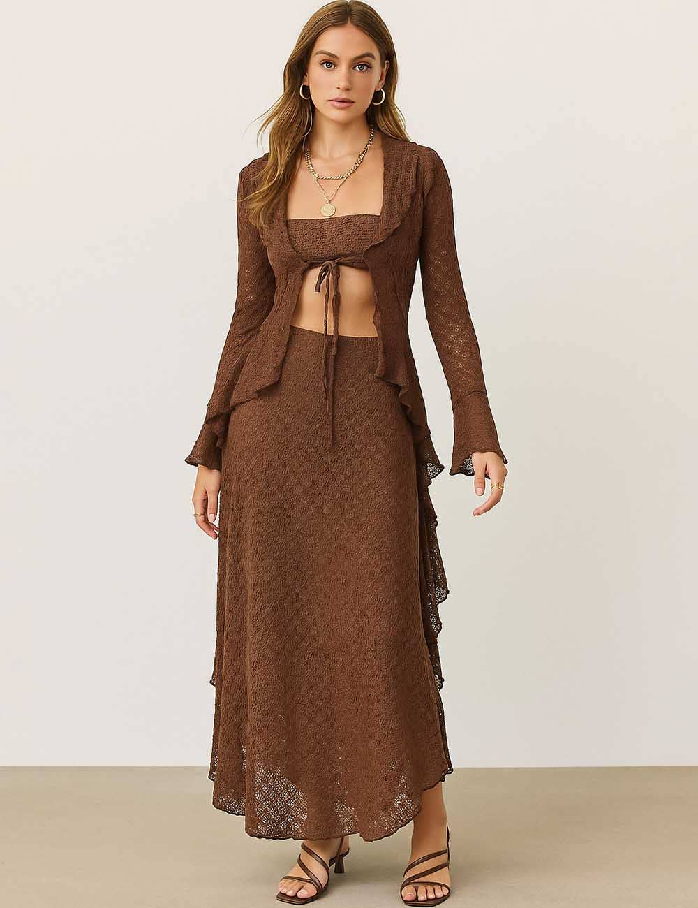 Women Lux Sparkle Lace Ruffle Tie Front Sheer Duster Cardigan