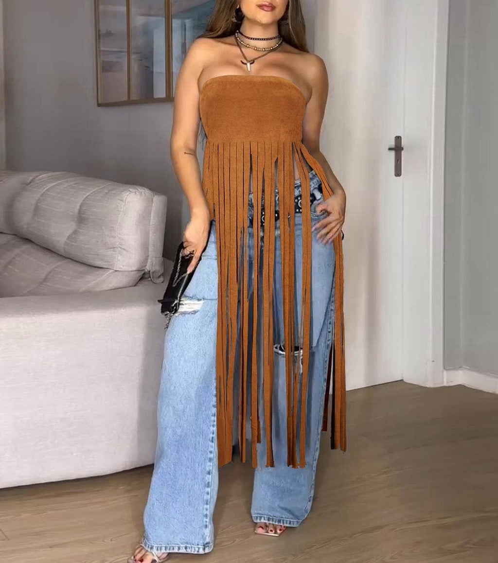 Strapless bohemia sexy faux suede bandeau fringed maxi top