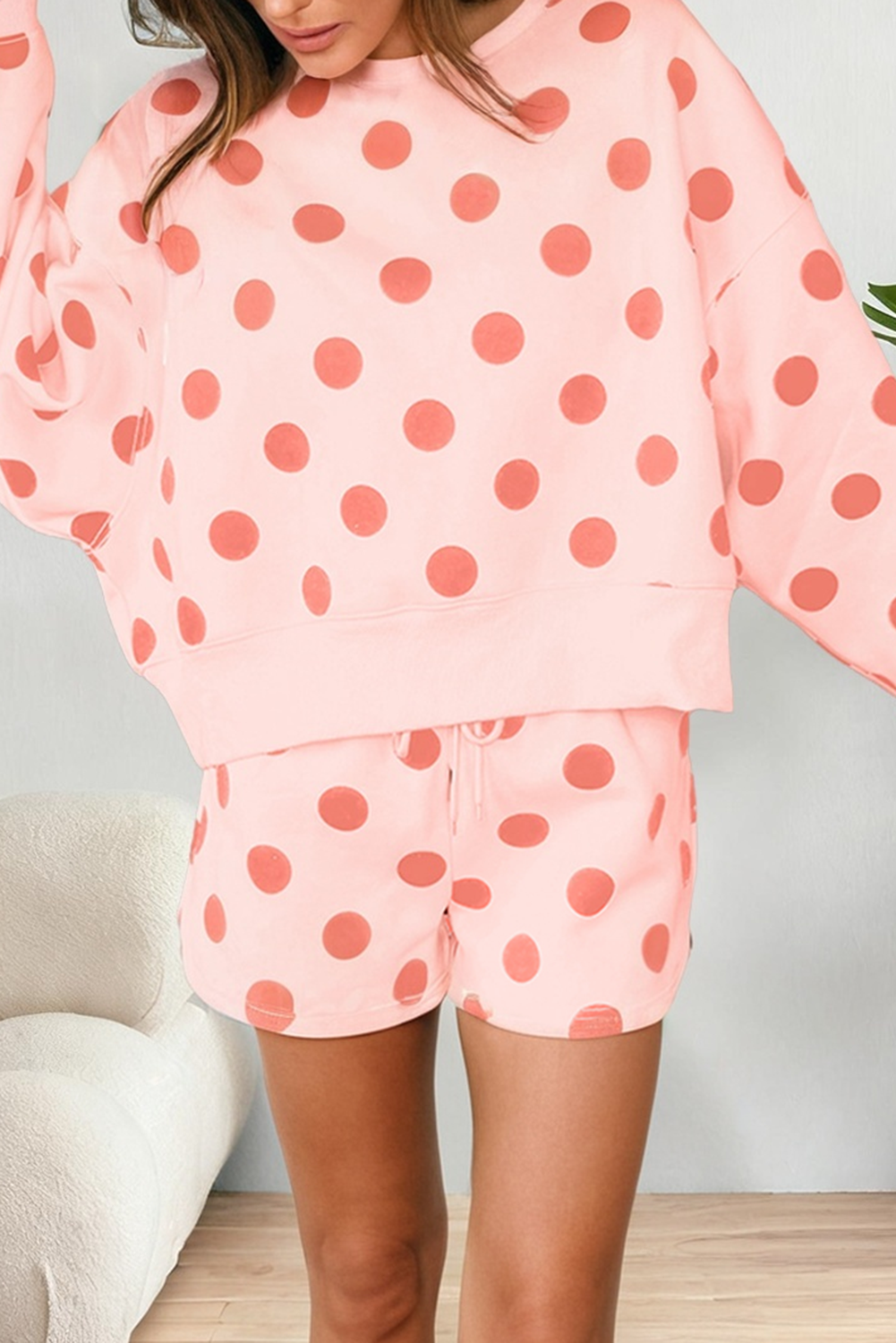 Polka Dot Print Drop Shoulder Pullover Drawstring Short Set