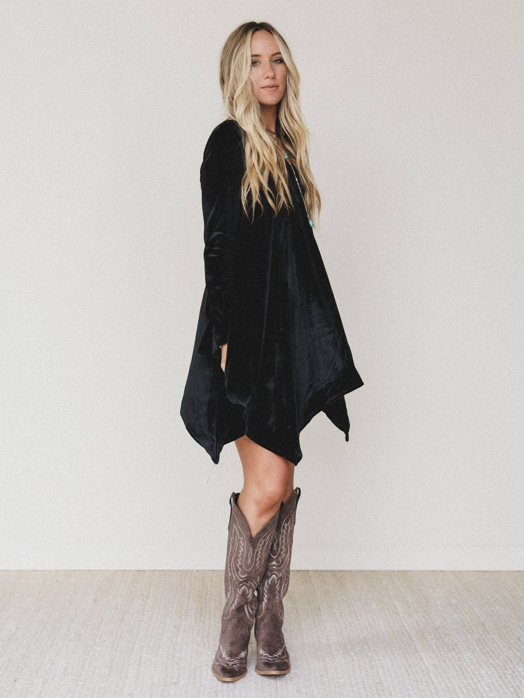 Golden Hour Bell Sleeve Velvet Dress - Black