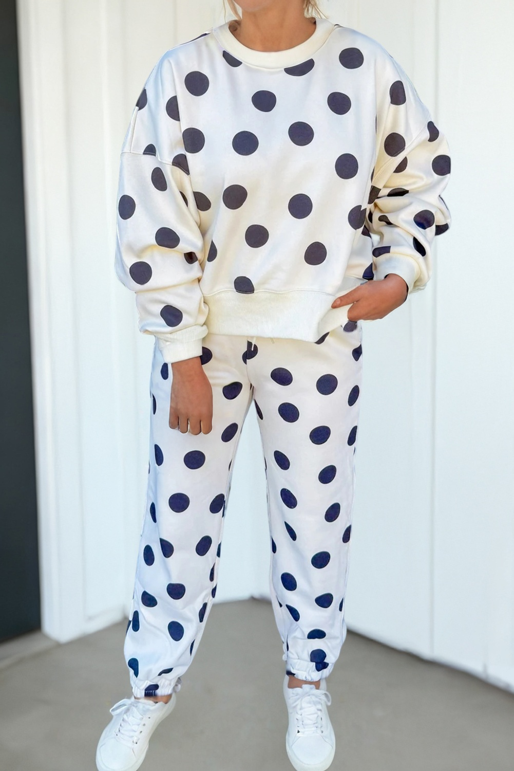Polka Dot Print Drop Shoulder Pullover Drawstring Short Set