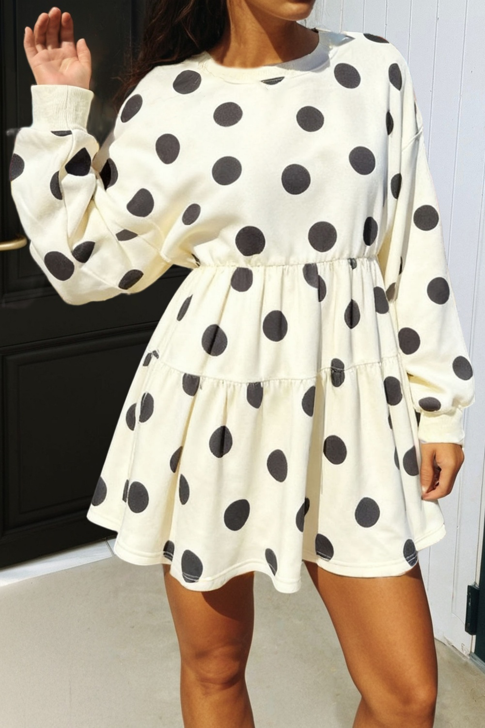 Polka Dot Print Drop Shoulder Pullover Drawstring Short Set