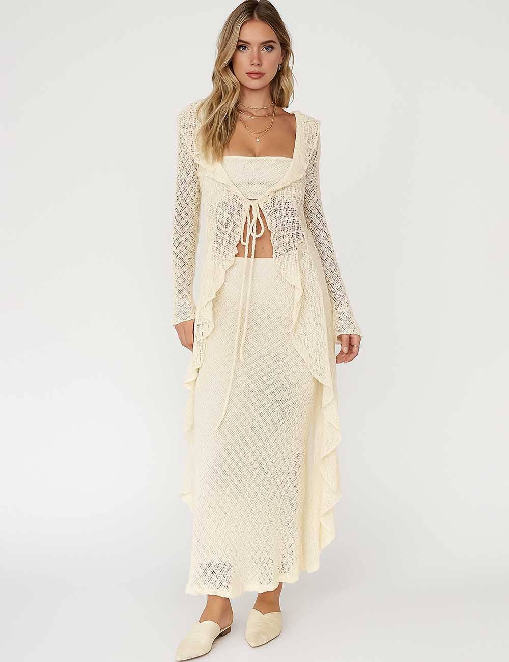 Women Lux Sparkle Lace Ruffle Tie Front Sheer Duster Cardigan