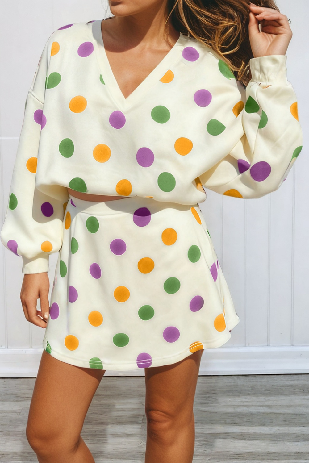Polka Dot Print Drop Shoulder Pullover Drawstring Short Set
