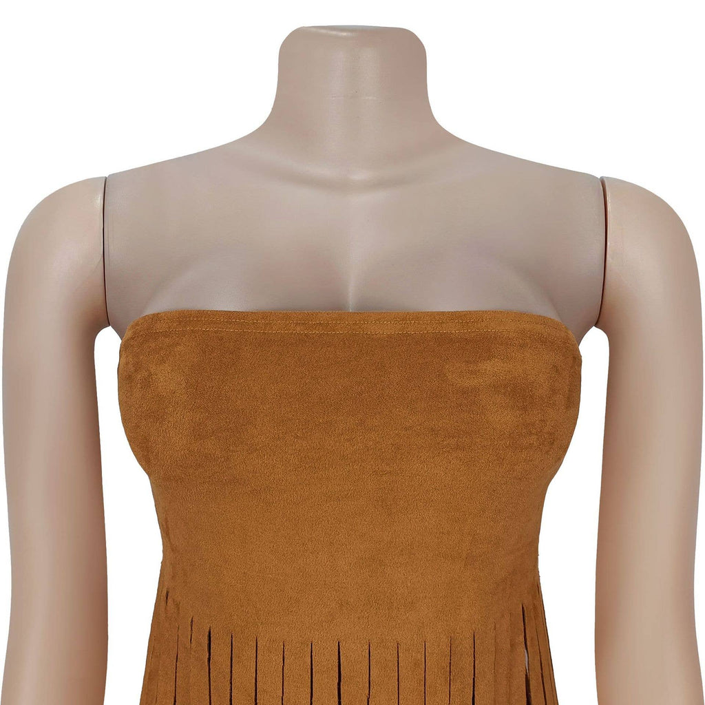 Strapless bohemia sexy faux suede bandeau fringed maxi top