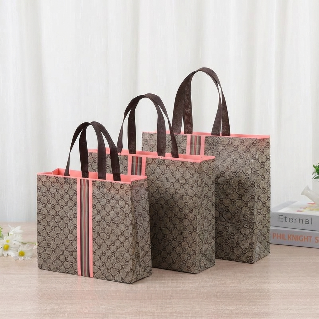 50pcs, 4 Sizes Luxury Grid Pink Stripes Non-woven Gift Bag