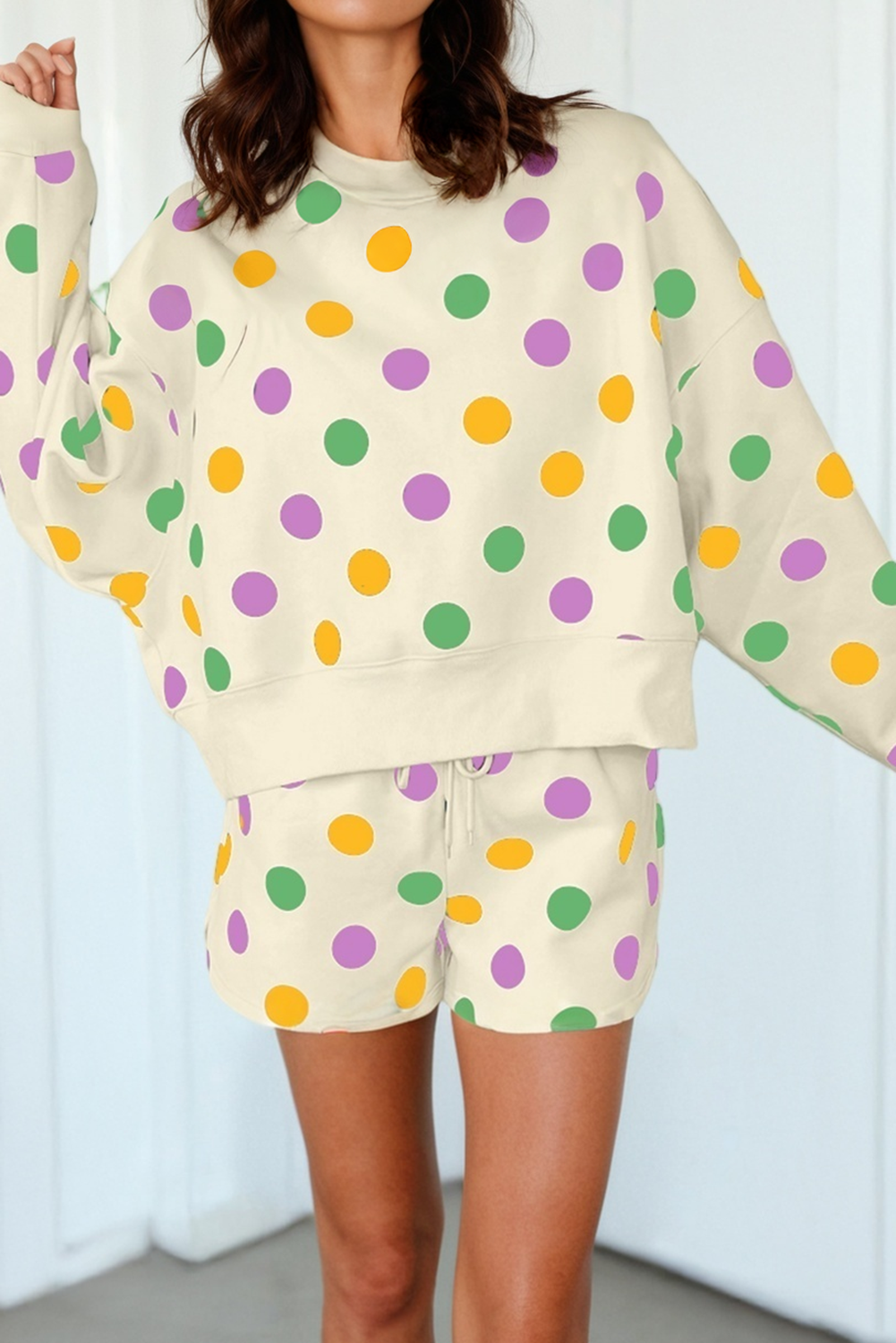 Polka Dot Print Drop Shoulder Pullover Drawstring Short Set
