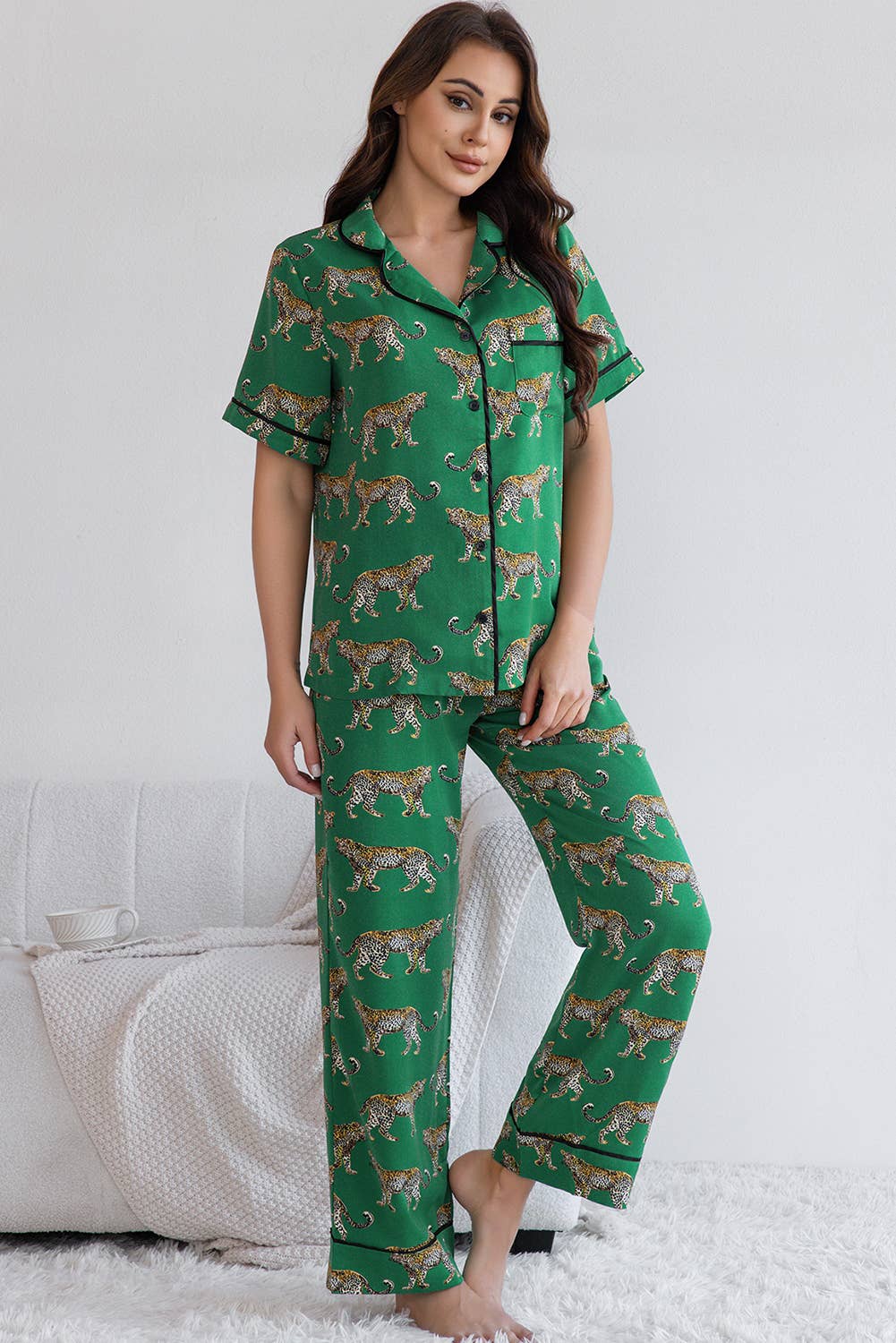 Cheetah Print Short Sleeve Shirt and Pants Pajama Set