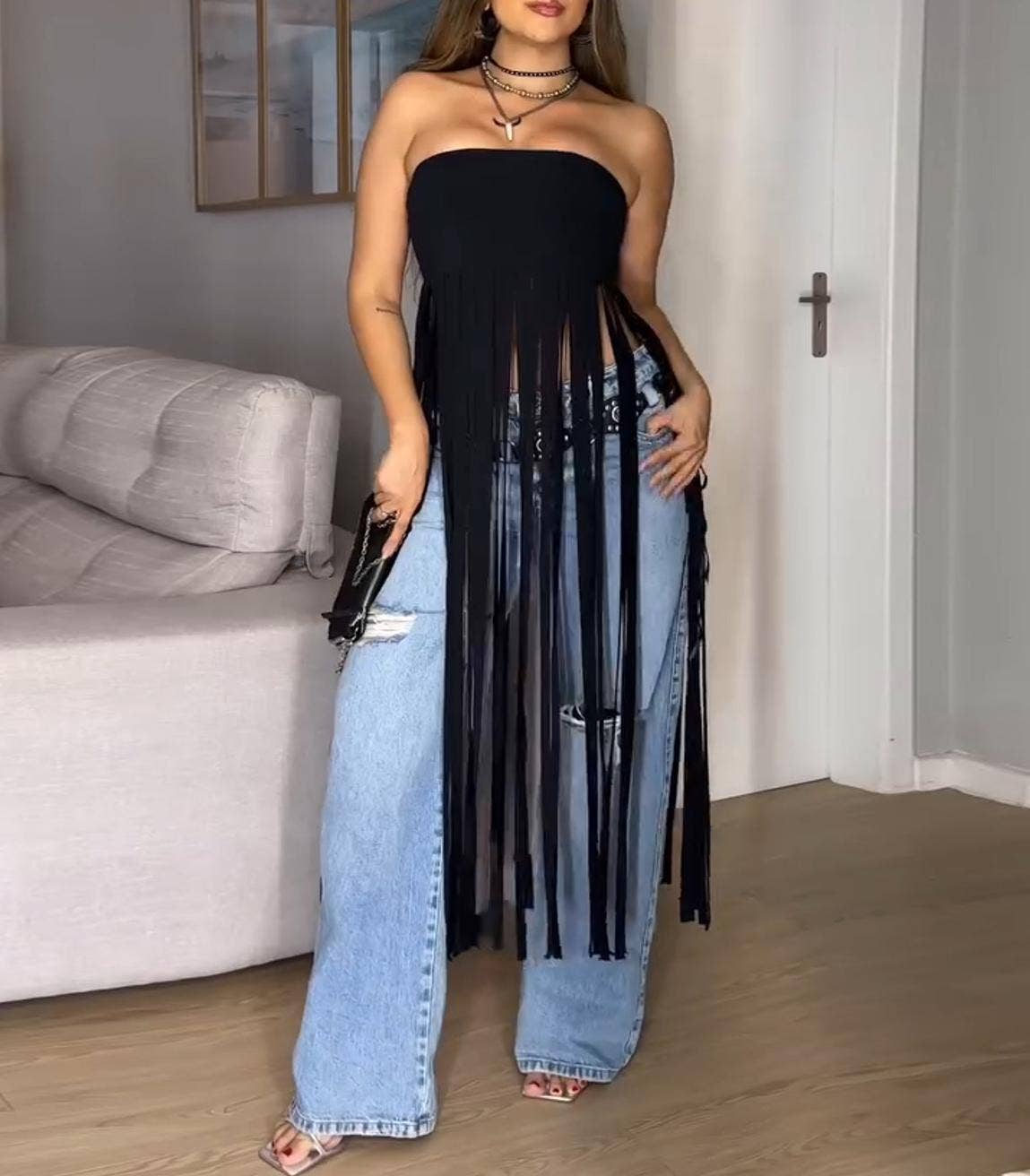 Strapless bohemia sexy faux suede bandeau fringed maxi top