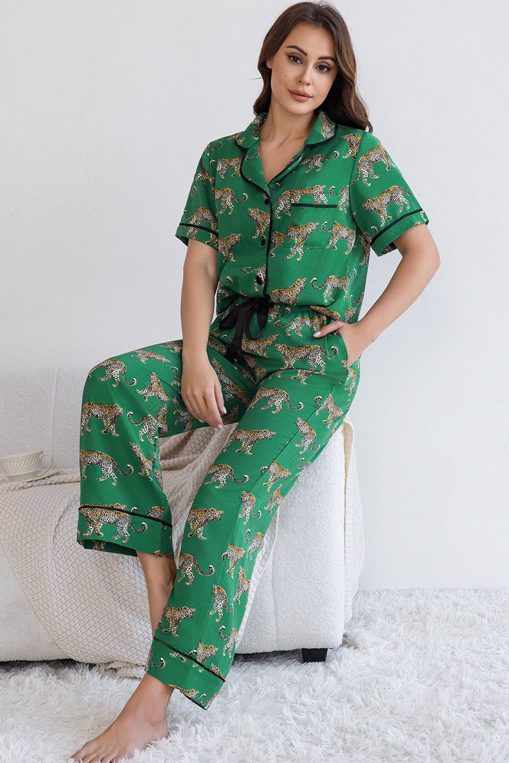 Cheetah Print Short Sleeve Shirt and Pants Pajama Set