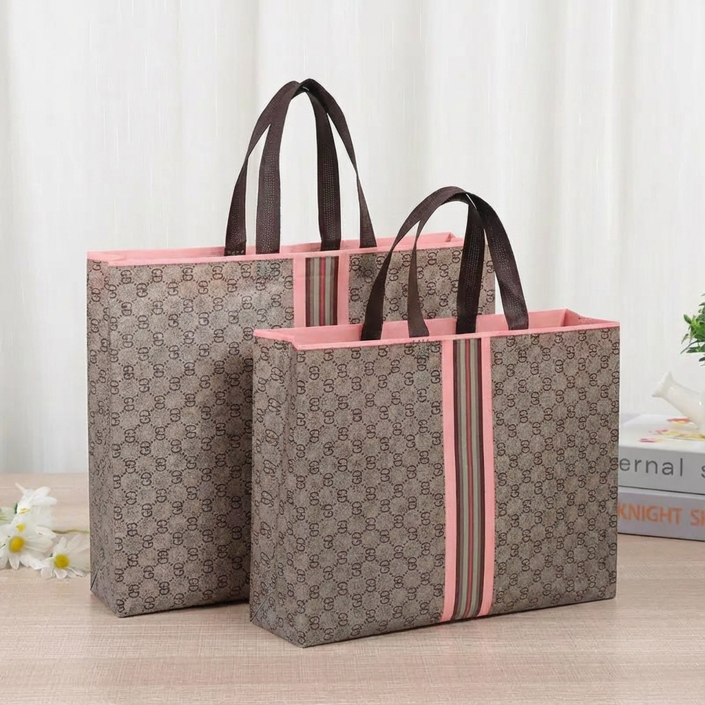 50pcs, 4 Sizes Luxury Grid Pink Stripes Non-woven Gift Bag