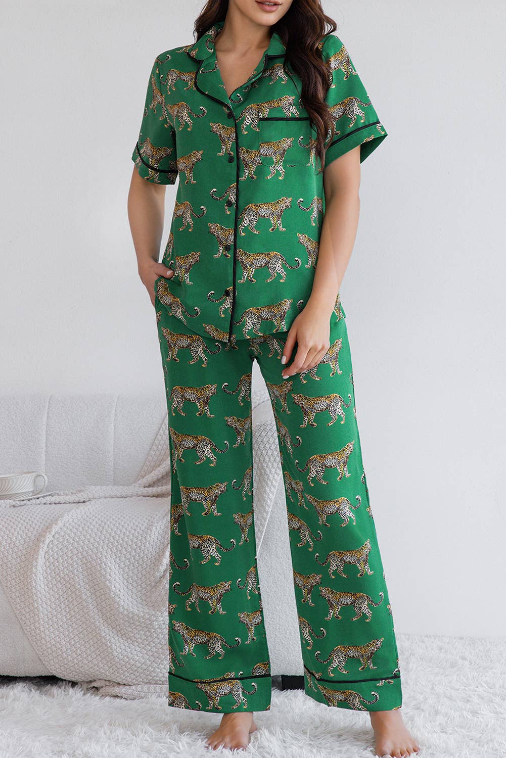 Cheetah Print Short Sleeve Shirt and Pants Pajama Set