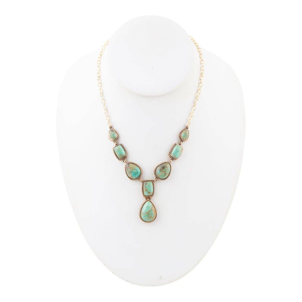 Genuine Blue Turquoise Roped Golden Bronze Y Necklace