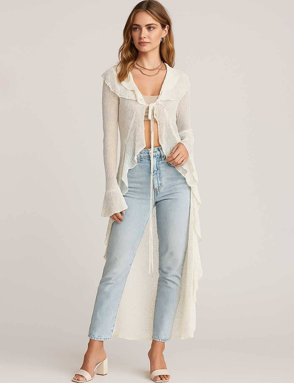 Women Lux Sparkle Lace Ruffle Tie Front Sheer Duster Cardigan