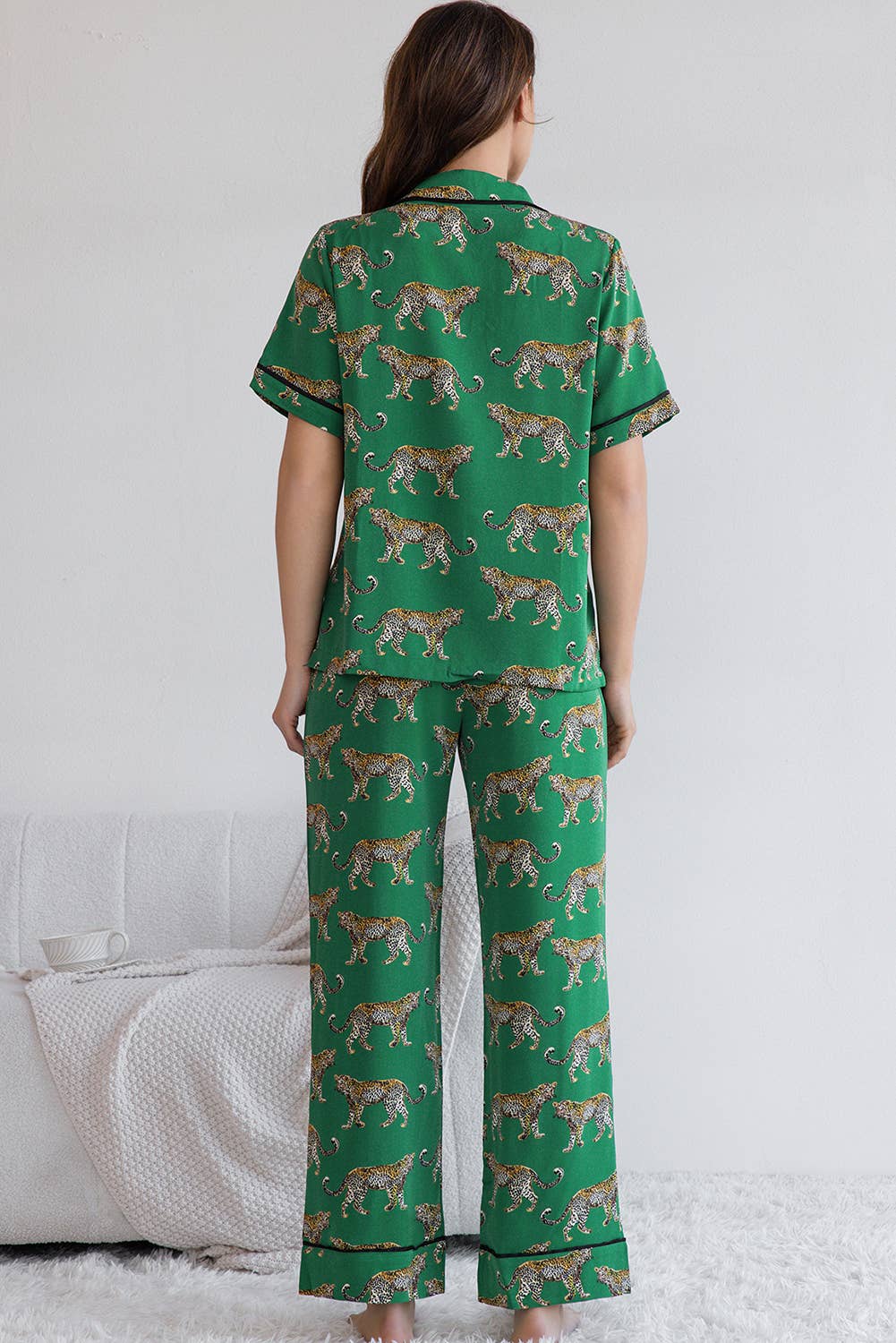Cheetah Print Short Sleeve Shirt and Pants Pajama Set