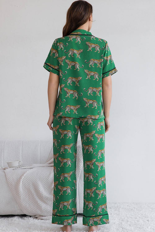 Cheetah Print Short Sleeve Shirt and Pants Pajama Set